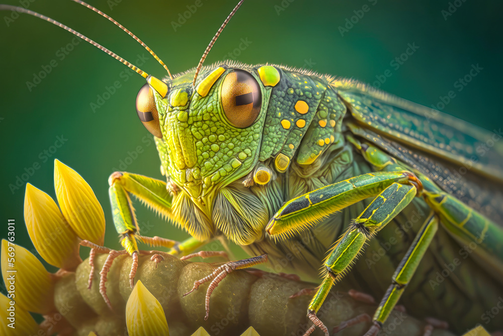 Fototapeta premium closeup of a grasshopper's green camouflage, Chorthippus parallelus, Meadow Grasshopper - Generative AI