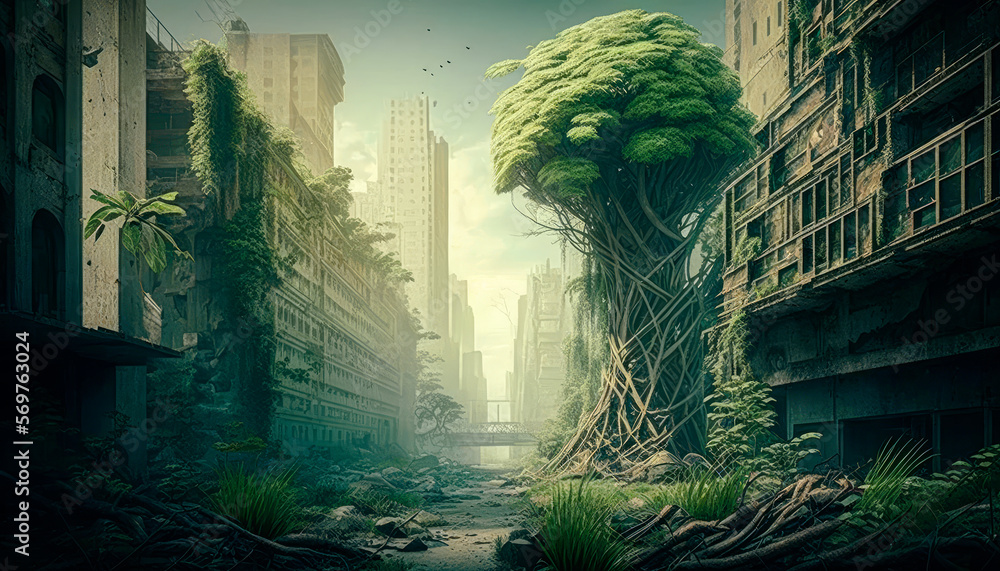 a cityscape that has been taken over by nature, with plants and trees growing through the concrete and steel - Generative AI