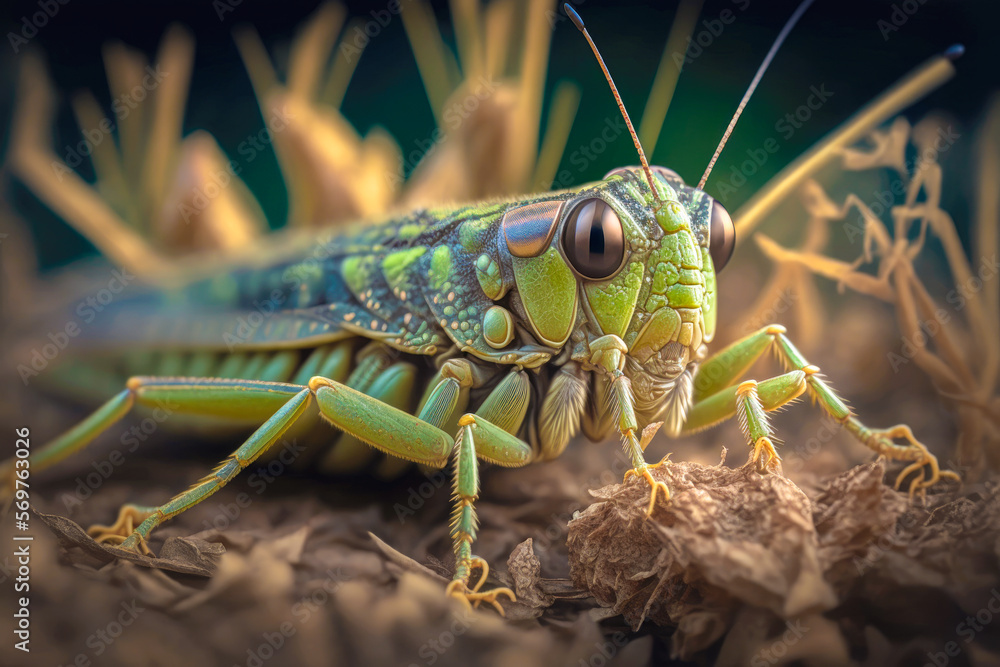 closeup of a grasshopper's green camouflage, Chorthippus parallelus, Meadow Grasshopper - Generative AI