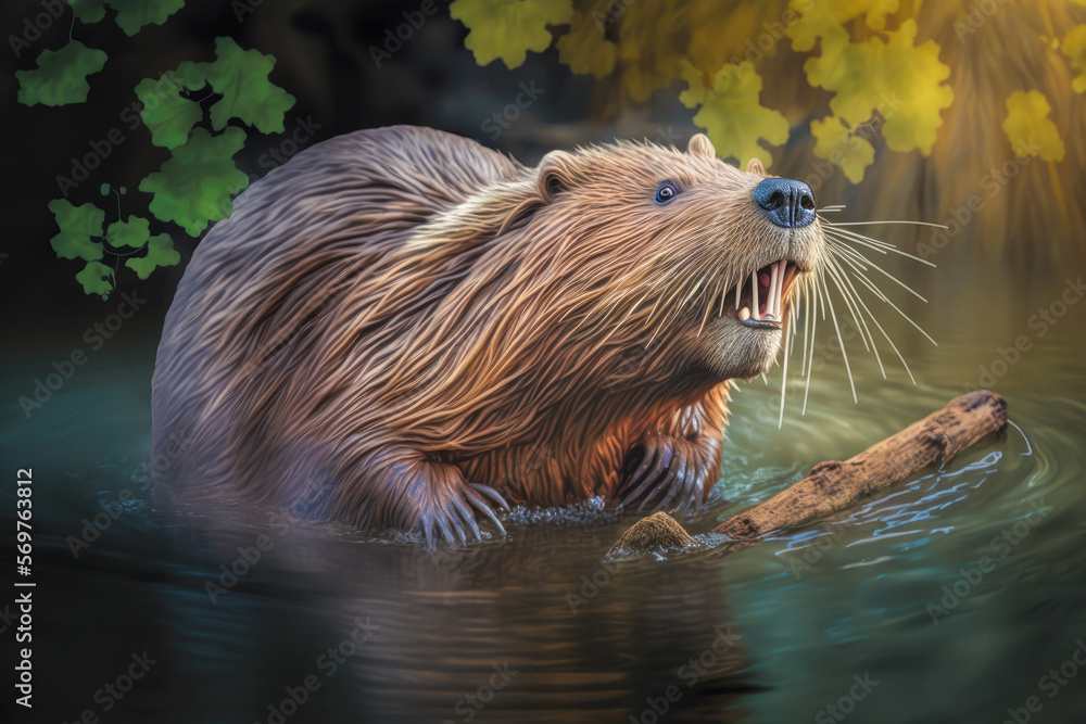 A majestic beaver, Castor genus, building a dam in a river with its sharp teeth and powerful jaws - Generative AI A majestic beaver, Castor genus, building a dam in a river with its sharp teeth and powerful jaws - Generative AI