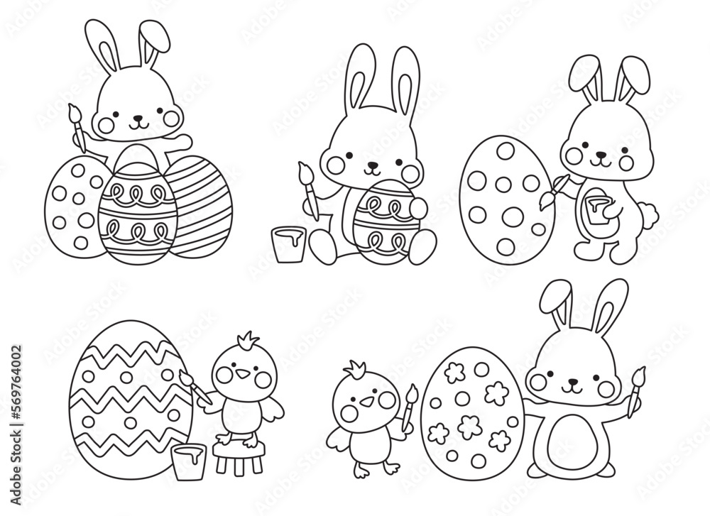 Fototapeta premium Outlined Easter bunny and baby chick painting Easter eggs vector illustration. Easter bunny painting line art for coloring. Live stroke.