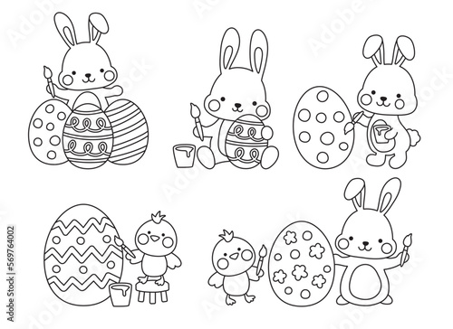 Outlined Easter bunny and baby chick painting Easter eggs vector illustration. Easter bunny painting line art for coloring. Live stroke.