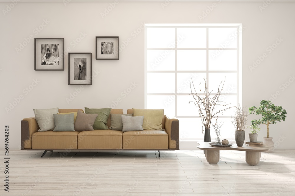 White living room with sofa. Scandinavian interior design. 3D illustration White living room with sofa. Scandinavian interior design. 3D illustration