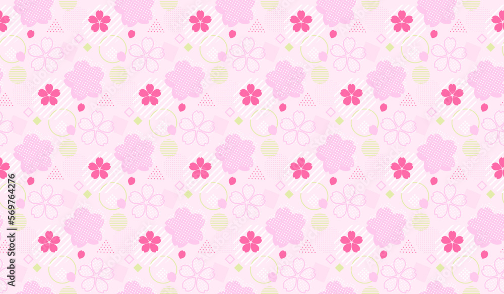 抽象的な幾何学図形と桜の花のシームレスパターン背景素材　ポップキュート