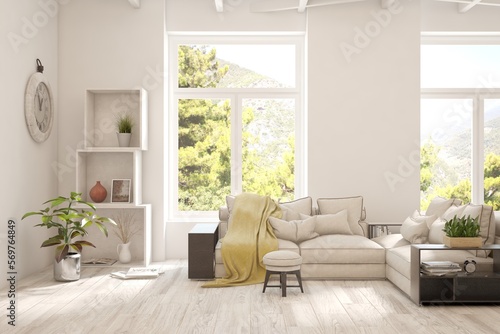 White living room with sofa and summer landscape in window. Scandinavian interior design. 3D illustration