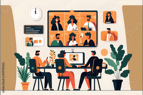 Flat vector illustration Business people are participating in an online meeting in a joint office 