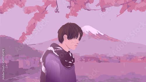 A young man standing in front of Mt.Fuji, under the cherry blossoms, wearing a scarf & t shirt, creating a poetic feeling, realistic vector illustration