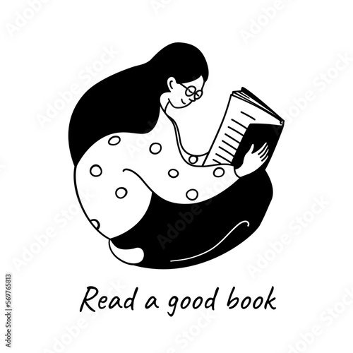 Woman in glasses reading a book black and white line doodle hand drawn style vector illustration