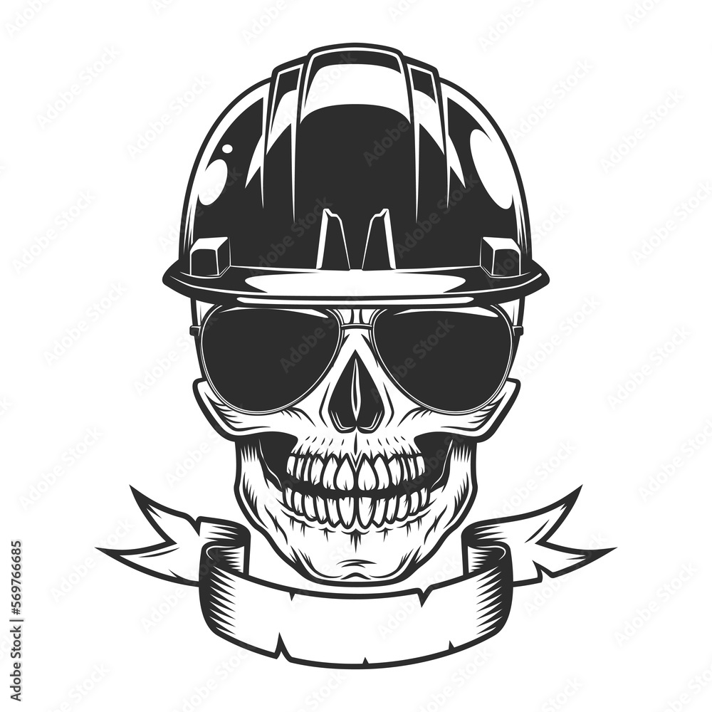 Skull in builder construction helmet hardhat concept with ribbon and sunglasses accessory to protect eyes from bright sun vintage isolated vector illustration