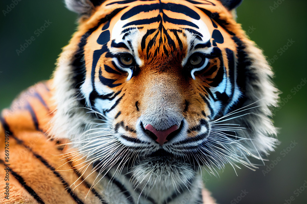 Obraz premium portrait of a tiger on a background of green nature, generative AI