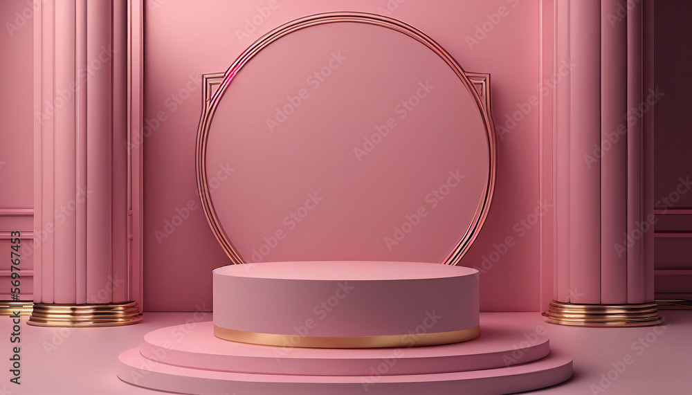 3D pink pedestal or podium with luxury backdrop empty podium stage. Generative AI. 3D pink pedestal or podium with luxury backdrop empty podium stage. Generative AI.