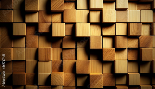Natural wooden 3d cube background. Wood blocks. Wood wall 3d cube background. Generative AI.