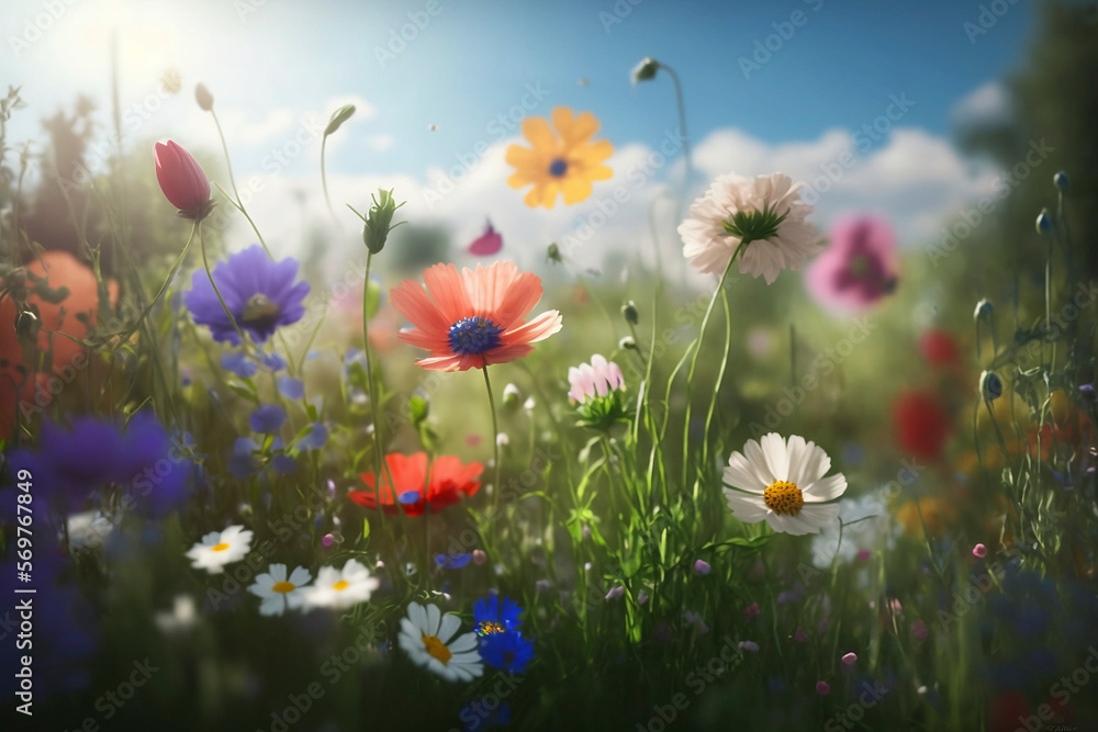 Spring season, Wild flowers on a flower meadow, generated ai