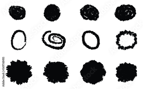 Set of circle brush, Set of brush strokes with paint, real handmade strokes with round, circular shapes, vector stroke set in black color