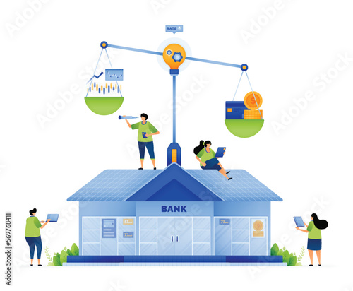 Vector illustration of financial balance. Intersection of loans and investments. Balancing and managing interest returns in bank finances. Can use for ad, poster, campaign, website, apps, social media