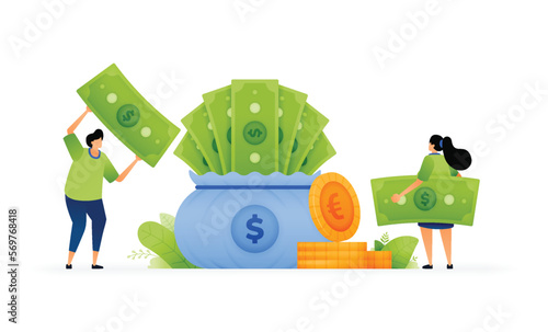 Vector illustration of stashing savings on greenbacks. Investing for the future. Full sacks of dollar bills. Secure future on piling up dollar bills. Can use for ad, poster, campaign, website, apps