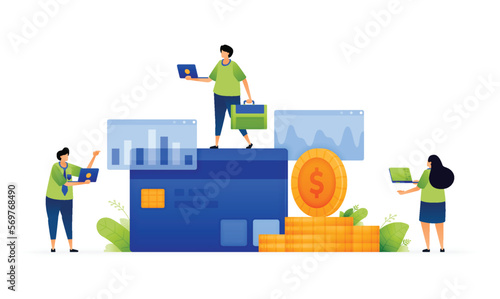 Vector illustration of examination credit card spending. Managing debt and loans through credit card analysis. Savings financial health. Can use for ad, poster, campaign, website, apps, social media