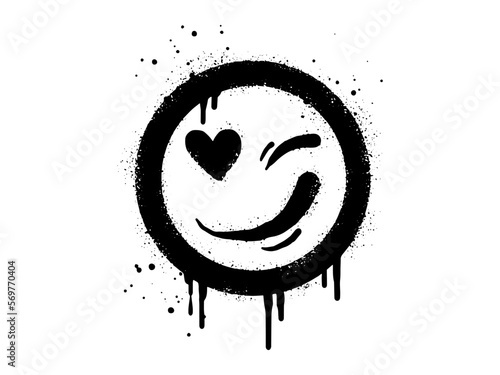 Smiling face emoticon character. Spray painted graffiti smile face with love in black over white. isolated on white background. vector illustration