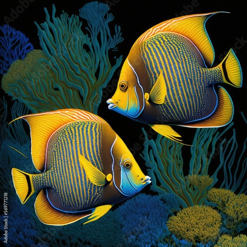 Underwater Angelfish Ocean Scene Illustration, Generative AI