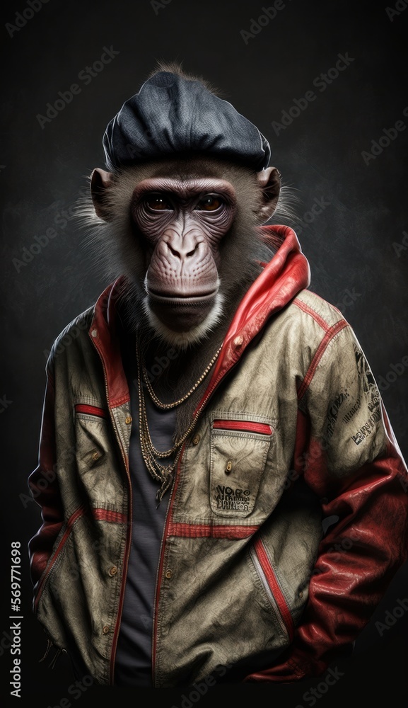 Photo Shoot of King of the Streets:A Majestic Baboon Animal Rocked in Hip Hop Streetwear Fashion like Men, Women, and Kids (generative AI) Photo Shoot of King of the Streets:A Majestic Baboon Animal Rocked in Hip Hop Streetwear Fashion like Men, Women, and Kids (generative AI)