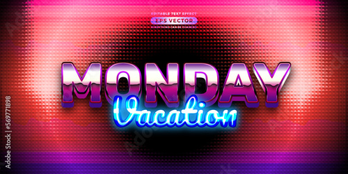 Retro text effect monday vacation futuristic editable 80s classic style with experimental background, ideal for poster, flyer, social media post with give them the rad 1980s touch