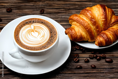 AI generated image of a cup of coffee and a couple of croissant