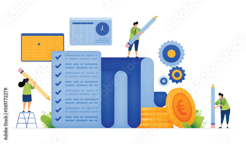 Vector illustration of financial auditing in bank management. Examining records and checklists for accuracy. Reviewing exam results and accounting data. Can use for ad, poster, campaign, website, apps