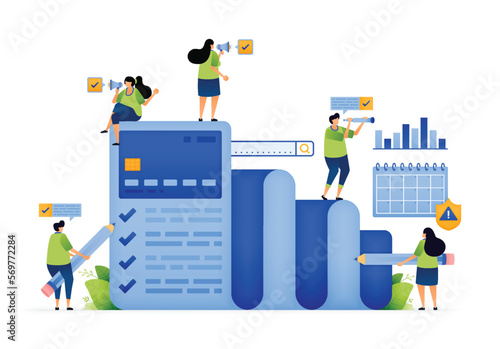 Vector illustration of Banking and Finance. Credit Card Management. Examining Accounts and Maintaining Credit Card Record Performance. Can use for ad, poster, campaign, website, apps, social media