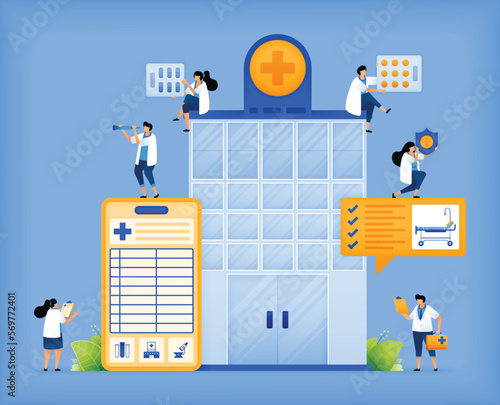 Vector illustration of Leveraging Technology for Better Healthcare. Integration of Hospitals, Doctors and Mobile Apps. can use for ad, poster, campaign, website, apps, social media