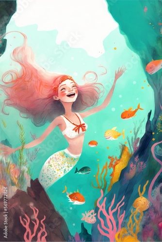 illustration of happy girl wearing mermaid costume. Generative Ai.