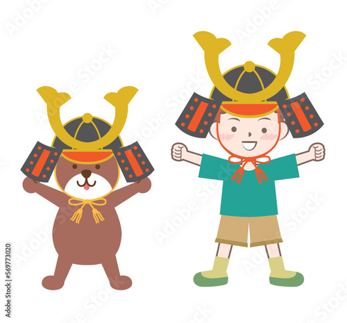 兜をかぶっている男の子と熊　こどもの日　端午の節句