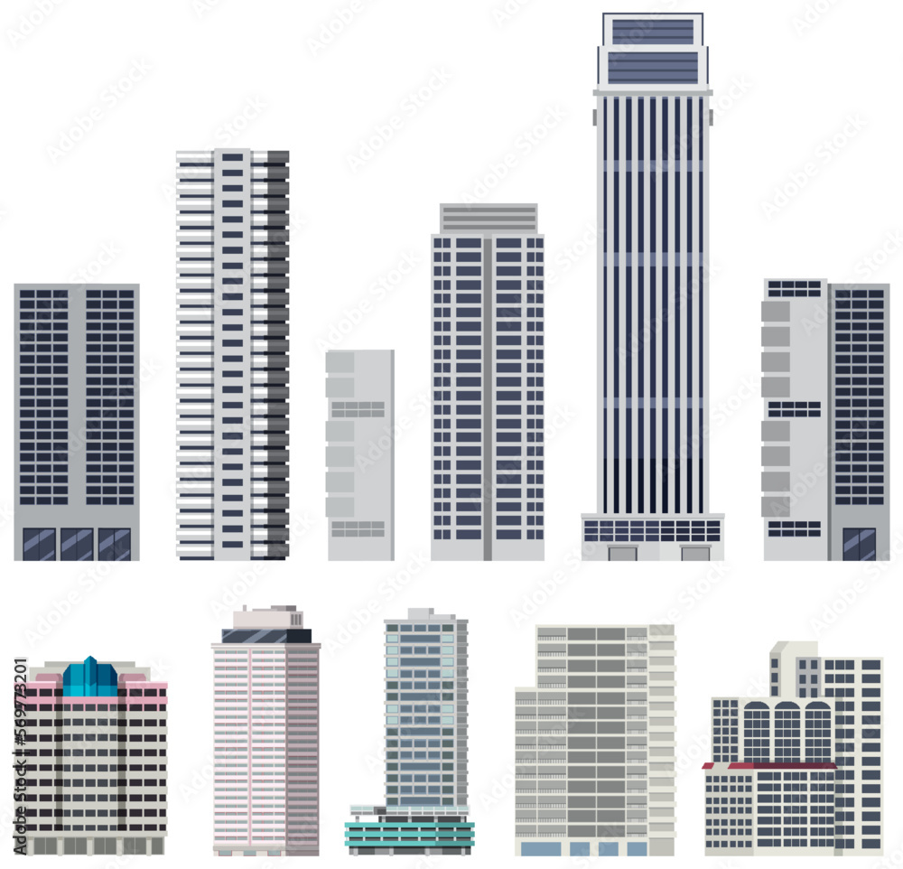 Different buildings set on white background