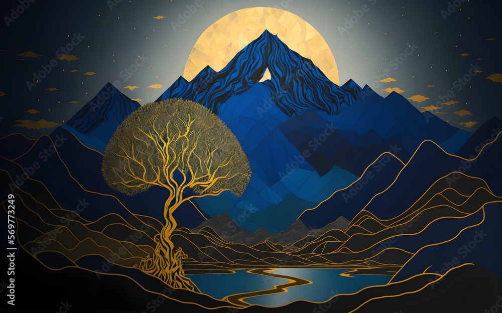 3D Golden Clouds And Blue Mountains 1323 Wall Murals