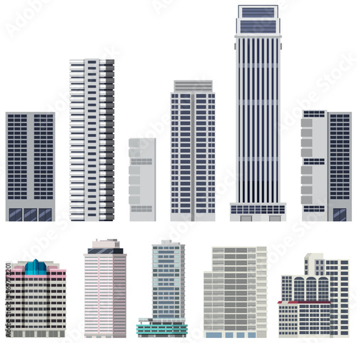 Different buildings set on white background
