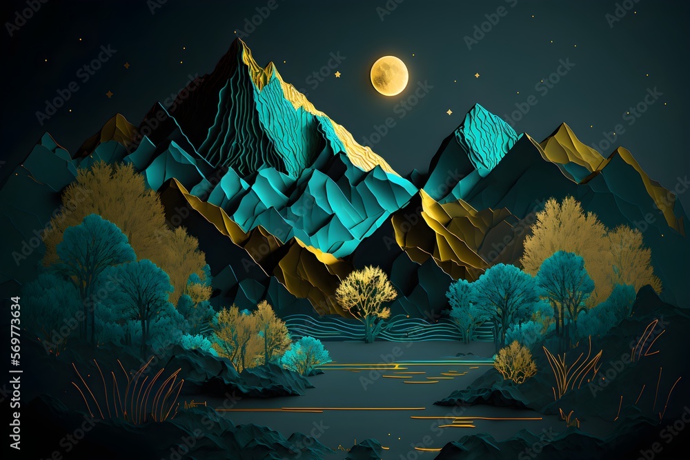 3d modern art mural wallpaper, night landscape with dark turquoise