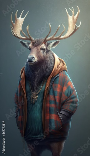 Photo Shoot of King of the Streets:A Majestic Elk Animal Rocked in Hip Hop Streetwear Fashion like Men, Women, and Kids (generative AI) © Get Stock
