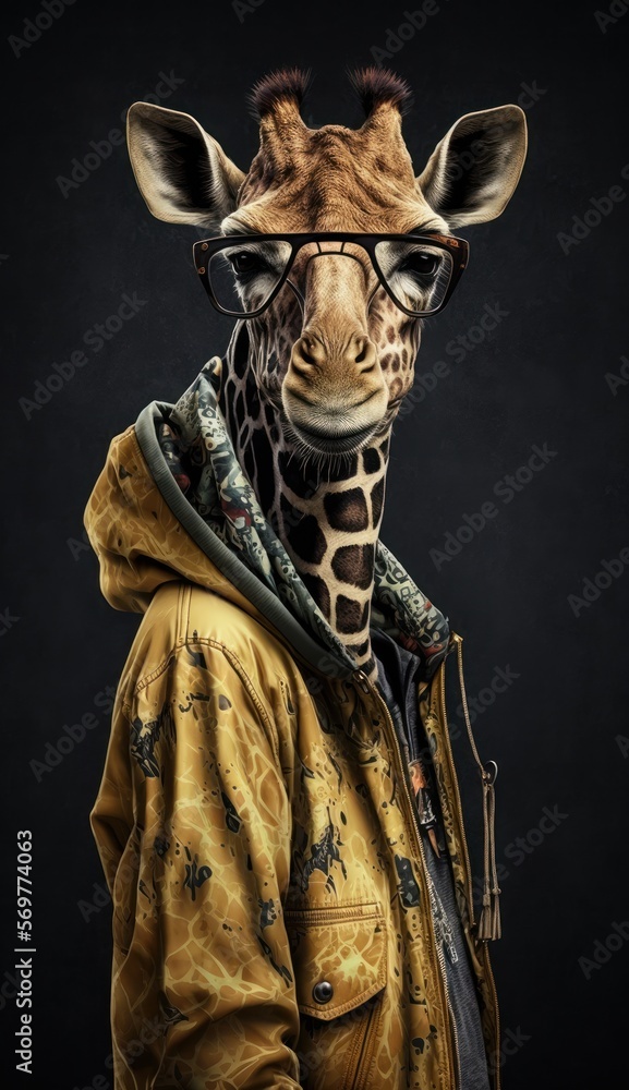 Photo Shoot of King of the Streets:A Majestic Giraffe Animal Rocked in Hip Hop Streetwear Fashion like Men, Women, and Kids (generative AI)