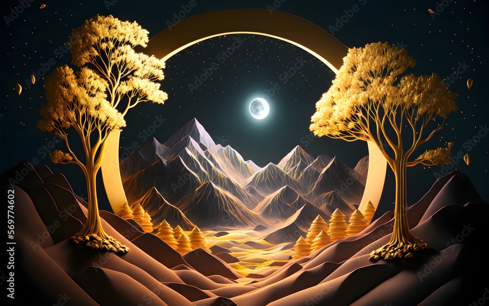 3d modern art mural wallpaper with night landscape with dark mountains