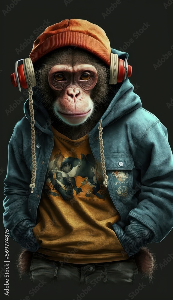 Photo Shoot of King of the Streets:A Majestic Monkey Animal Rocked in Hip Hop Streetwear Fashion like Men, Women, and Kids (generative AI) Photo Shoot of King of the Streets:A Majestic Monkey Animal Rocked in Hip Hop Streetwear Fashion like Men, Women, and Kids (generative AI)