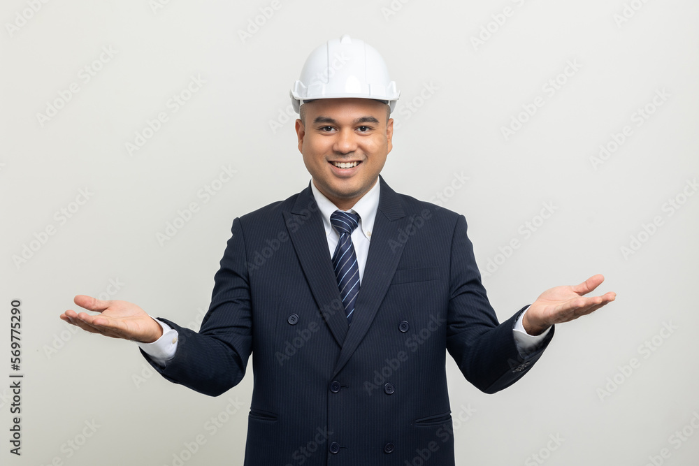Businessman manager owner real estate on isolated white background. Cooperation of architect designer. Engineer with safety helmet checking at working construction site