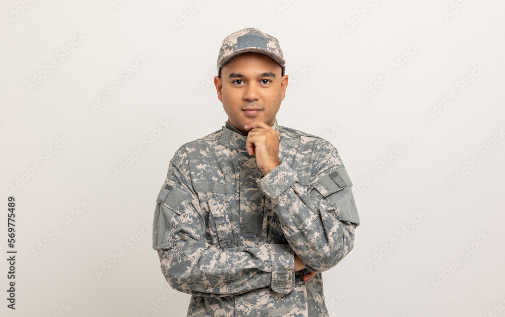 Thinking Asian man special forces soldier standing in studio. Commander Army soldier military defender of the nation in uniform standing on white background. Thinking Asian man special forces soldier standing in studio. Commander Army soldier military defender of the nation in uniform standing on white background.