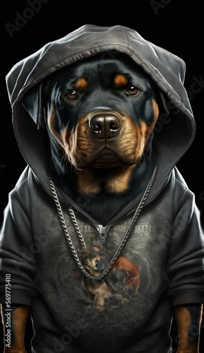Photo Shoot of King of the Streets:A Majestic Rottweiler Animal Dog Rocked in Hip Hop Streetwear Fashion like Men, Women, and Kids (generative AI)