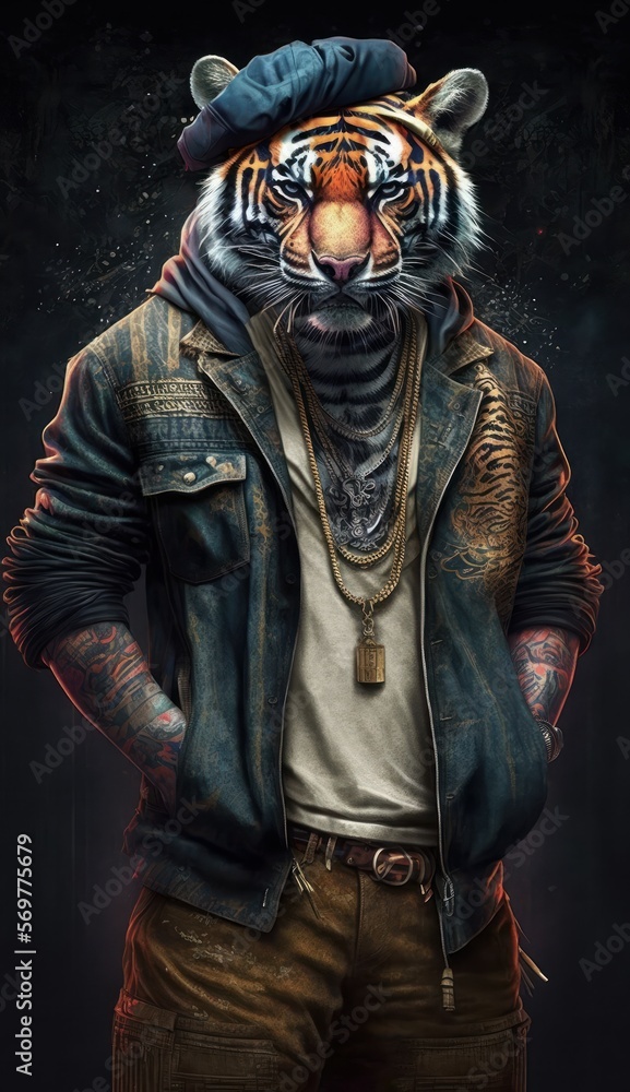 Photo Shoot of King of the Streets:A Majestic Tiger Animal Rocked in Hip Hop Streetwear Fashion like Men, Women, and Kids (generative AI)