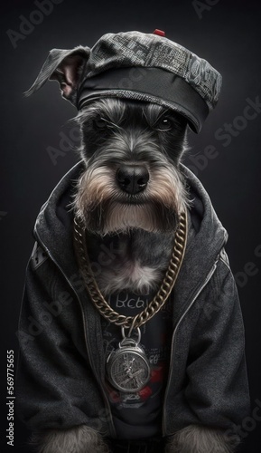 Photo Shoot of King of the Streets:A Majestic Standard Schnauzer Animal Dog Rocked in Hip Hop Streetwear Fashion like Men, Women, and Kids (generative AI)