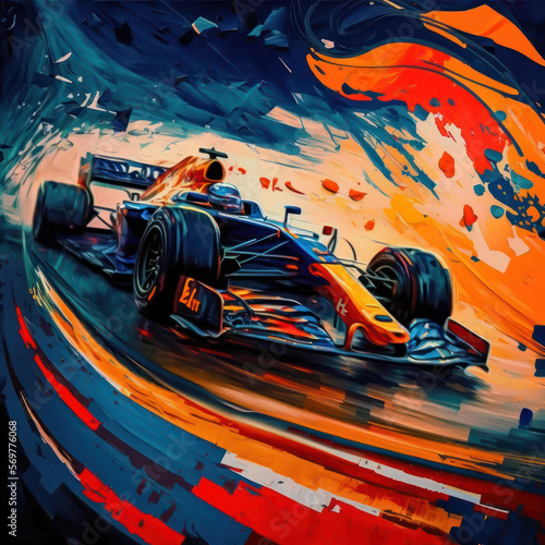F1 Racing Car Speeding in orange flames created with generative AI