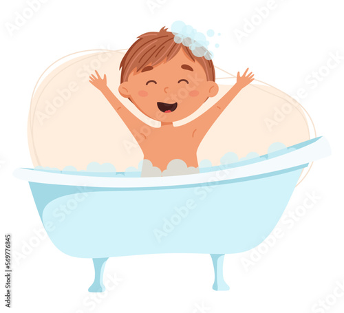 Cute blond boy washes in the bathroom vector illustration. Child having fun in a bubble bath. Daily routine. Schedule. Illustration on abstract background