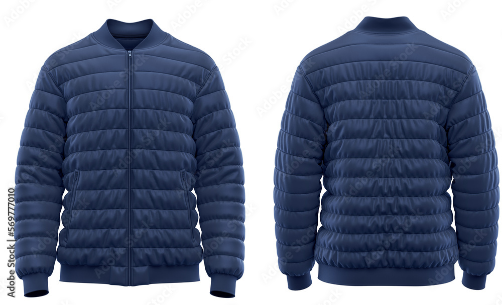 Bomber jacket puffer. Full zipper with two side pockets, varsity jacket, Navy Stock Photo