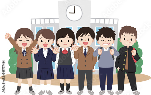 学校・制服を着た学生の子供達　6人　線なし