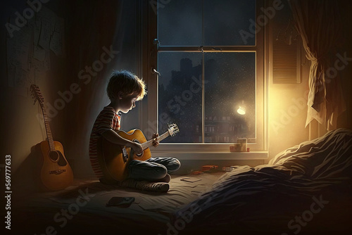 young boy playing the guitar Generative AI Digital Illustration Part#90223
