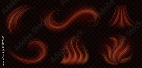Realistic set of hot air flow effect isolated on transparent background. Vector illustration of abstract orange swirls. Symbol of infrared light beam, heat energy radiation trail, warm wind blowing